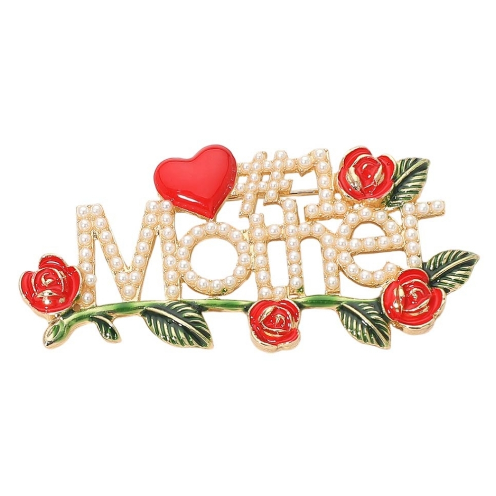 #1 Mother Brooch Pin – Pearl Beaded Floral Rose Heart Mom Gift